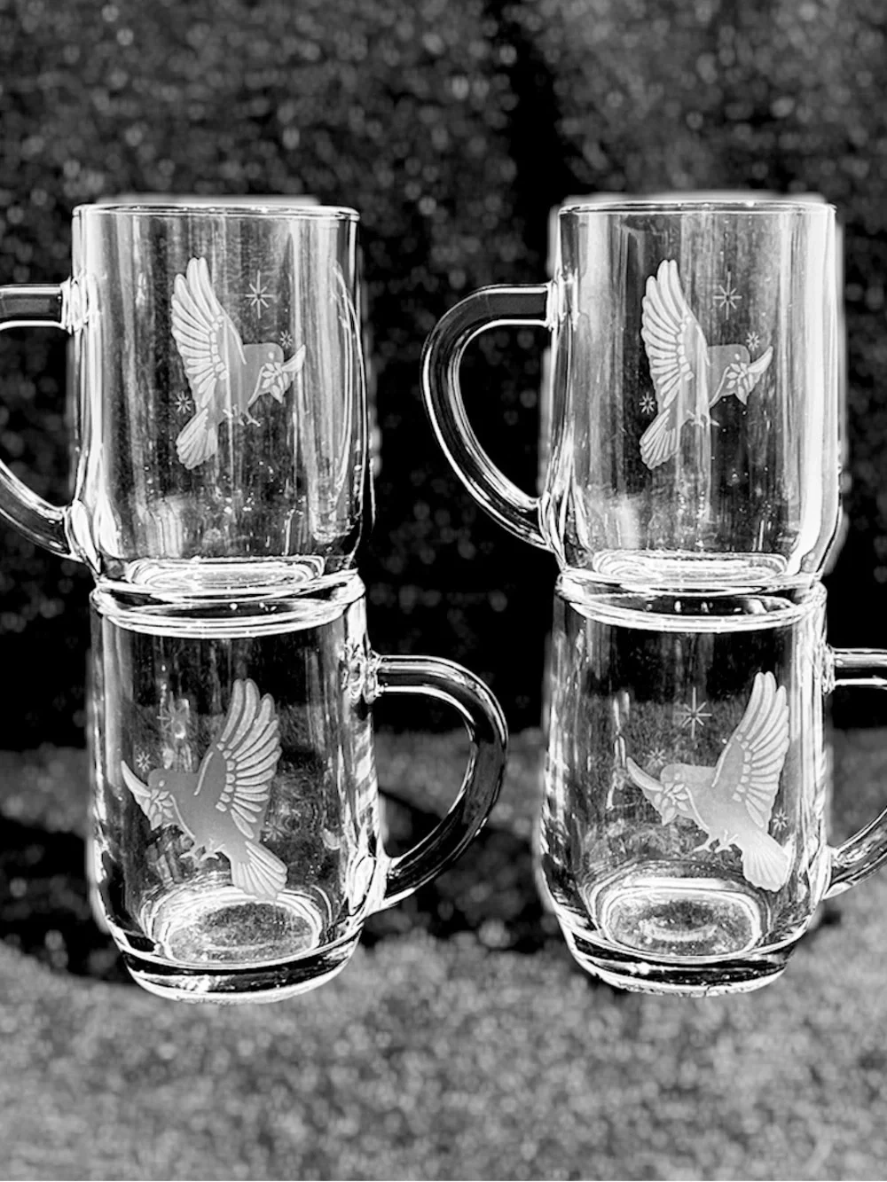 Vtg Arcoroc France Christmas Mugs Etched Peace Doves 8oz Set 4 Clear Glass Cups
